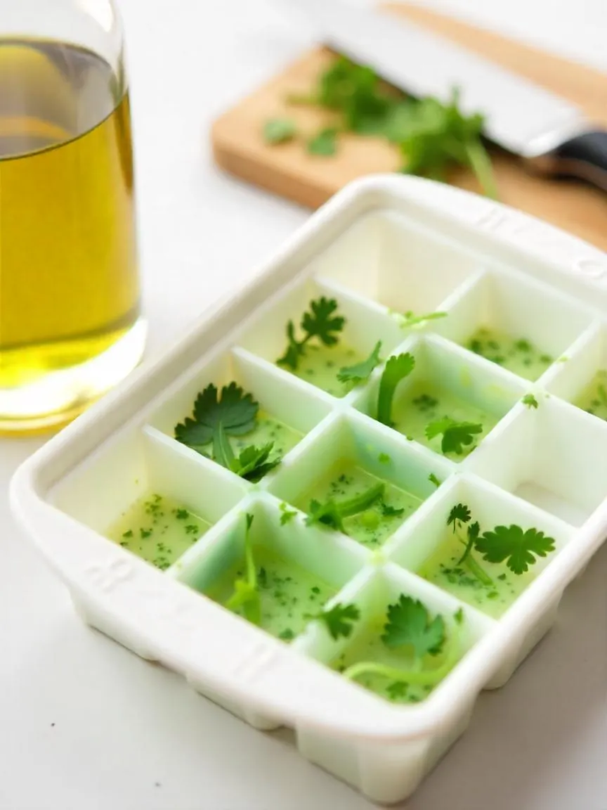 Ice cube tray filled with chopped herbs in olive oil, surrounded by fresh herbs and olive oil on a kitchen counter.