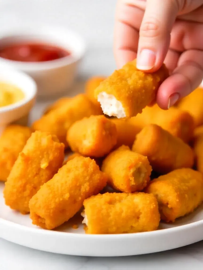 Homemade chicken nuggets on a plate with dipping sauces, child’s hand dipping a nugget into ketchup.

