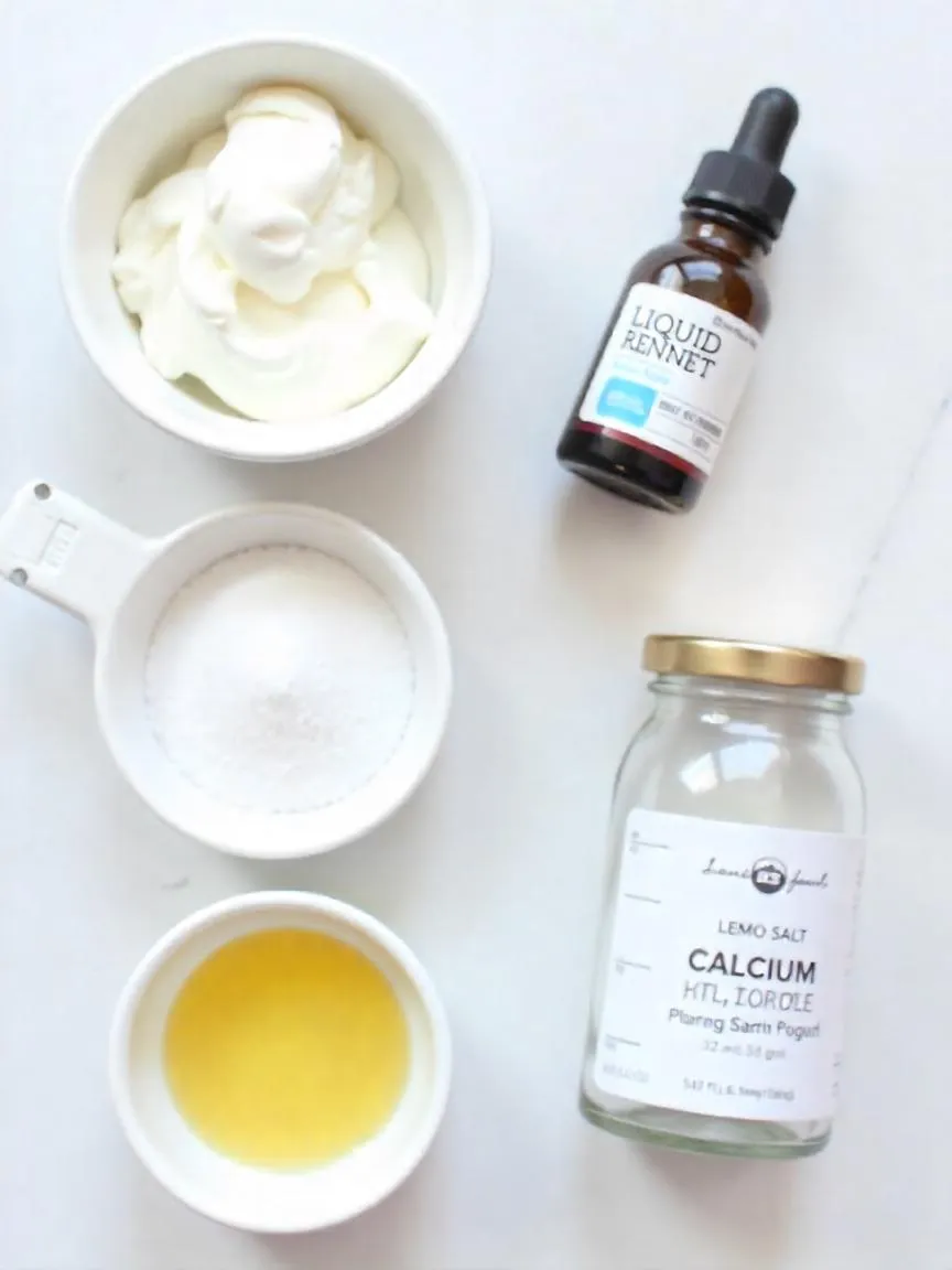 An assortment of homemade dairy cultures and additives arranged on a countertop, including jars of cultures, measuring spoons, and labeled containers used in cheese and yogurt making.