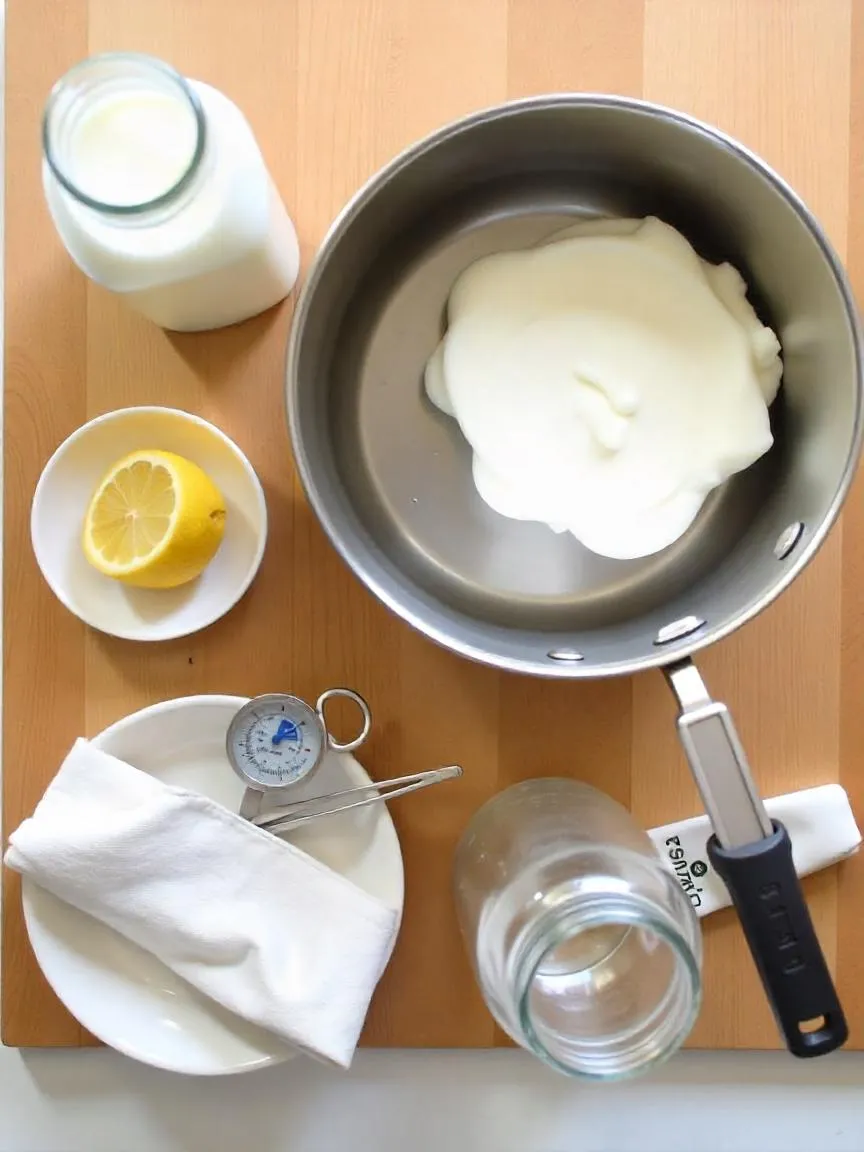 Milk, plain yogurt, lemon, thermometer, pot, cheesecloth, and strainer arranged on a kitchen counter for homemade cheese and yogurt making