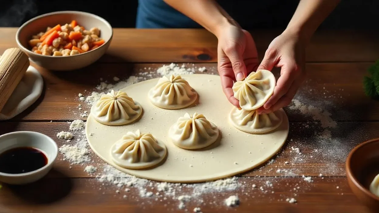 Homemade dumplings being prepared on a floured wooden table with filling and dough in view.