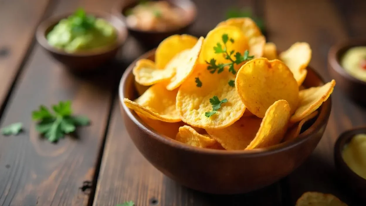 A bowl of golden homemade potato chips served with dips and fresh herb garnish on a rustic wooden table.