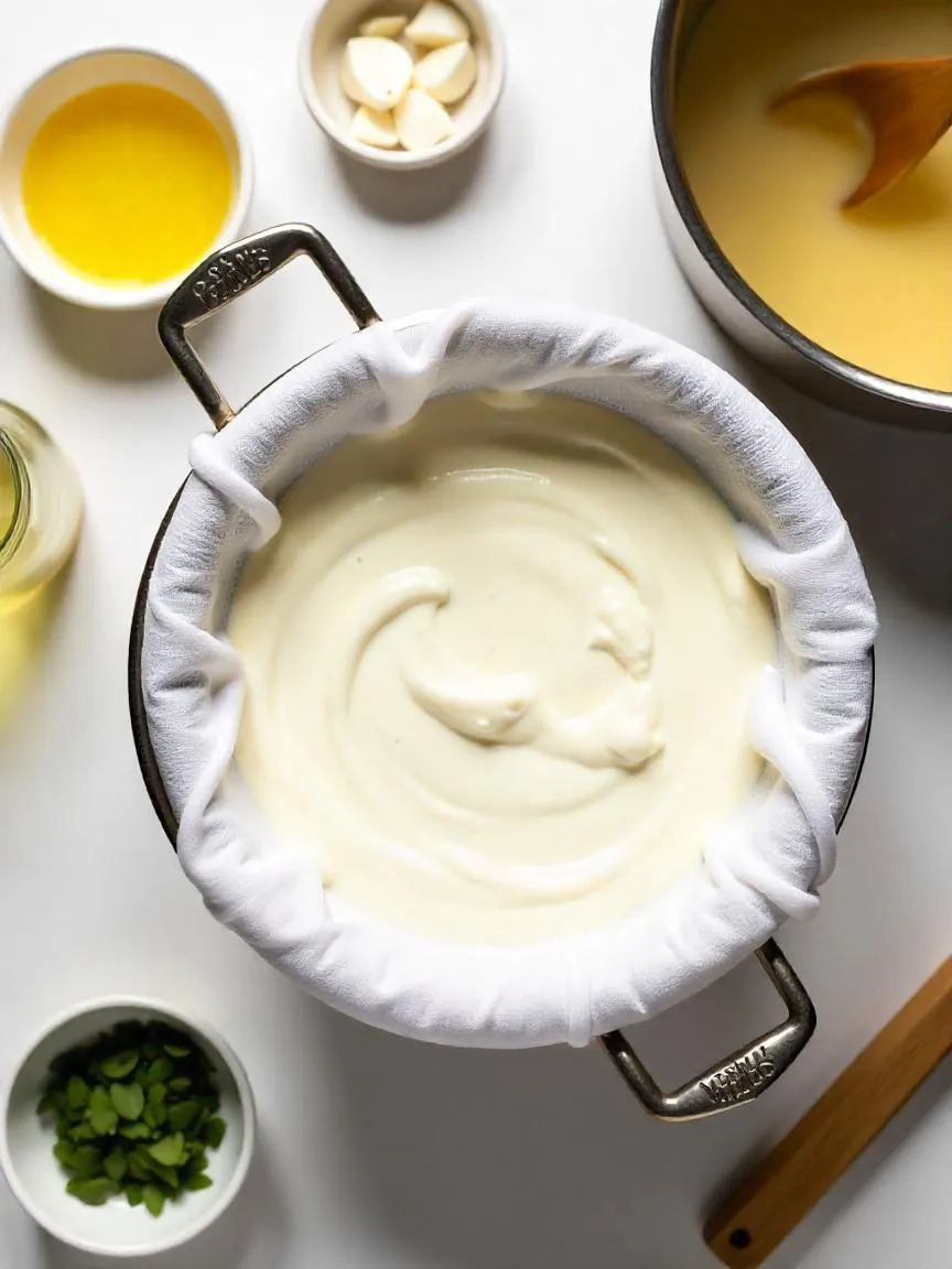 Fresh ricotta cheese draining in cheesecloth with lemon juice, herbs, and a labeled storage jar nearby in a home kitchen