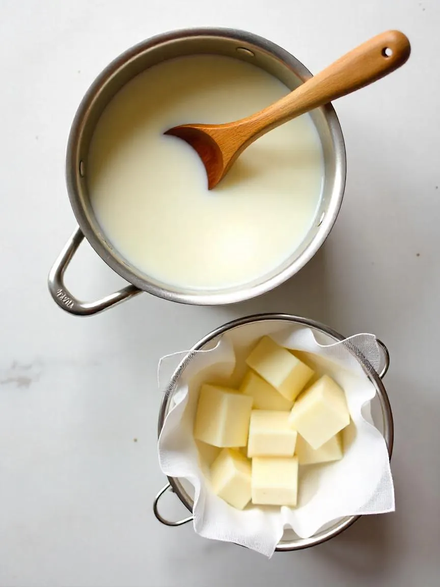 Step-by-step process of making homemade soft cheese, showing curds being strained through cheesecloth and pressed in a bowl on a kitchen counter.