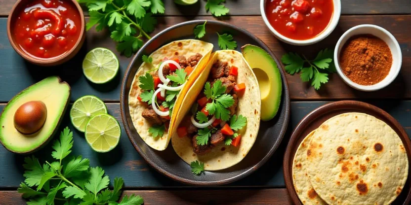 Homemade taco spread with corn tortillas, grilled meat, diced onions, cilantro, avocado, salsa, limes, and spices on a wooden table.