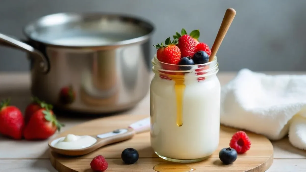 Jar of homemade yogurt with berries and honey on a rustic kitchen counter next to milk, a spoonful of starter yogurt, and a thermometer