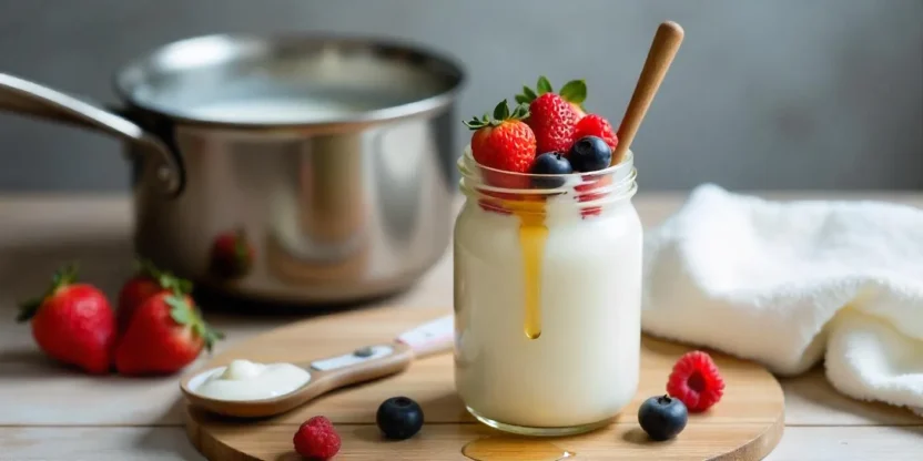 Jar of homemade yogurt with berries and honey on a rustic kitchen counter next to milk, a spoonful of starter yogurt, and a thermometer