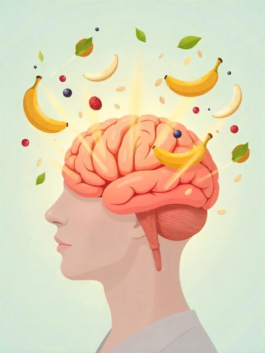 Illustration of a glowing brain with foods like berries, salmon, and oats floating around it, connected by lines to show how food affects mood and brain function.