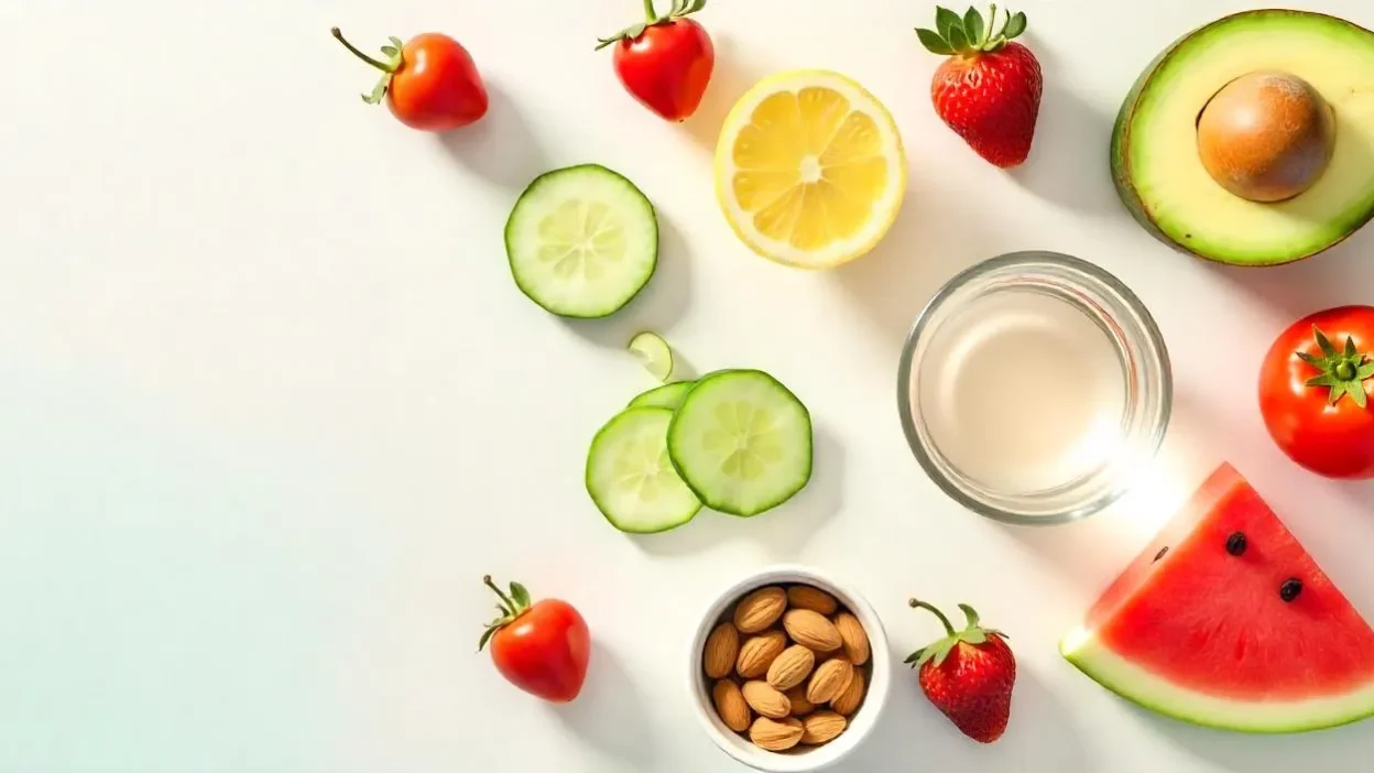 A colorful flat lay of hydrating foods like watermelon, cucumbers, avocado, tomatoes, strawberries, almonds, and a glass of lemon water on a white background.