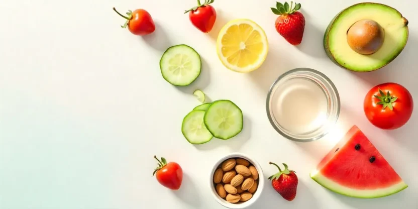 A colorful flat lay of hydrating foods like watermelon, cucumbers, avocado, tomatoes, strawberries, almonds, and a glass of lemon water on a white background.
