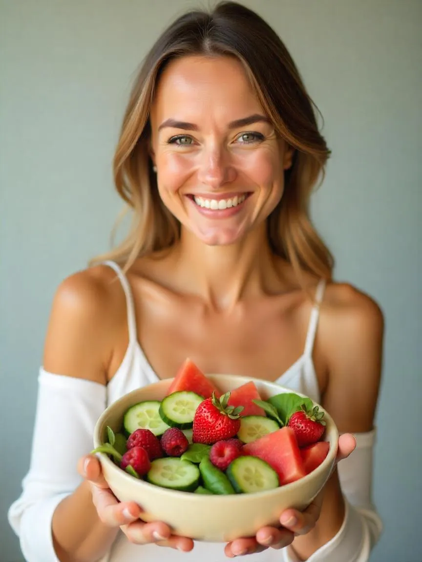 A woman with glowing skin holding a bowl of hydrating foods like watermelon, berries, and cucumbers, highlighting the connection between diet and skin health. 
