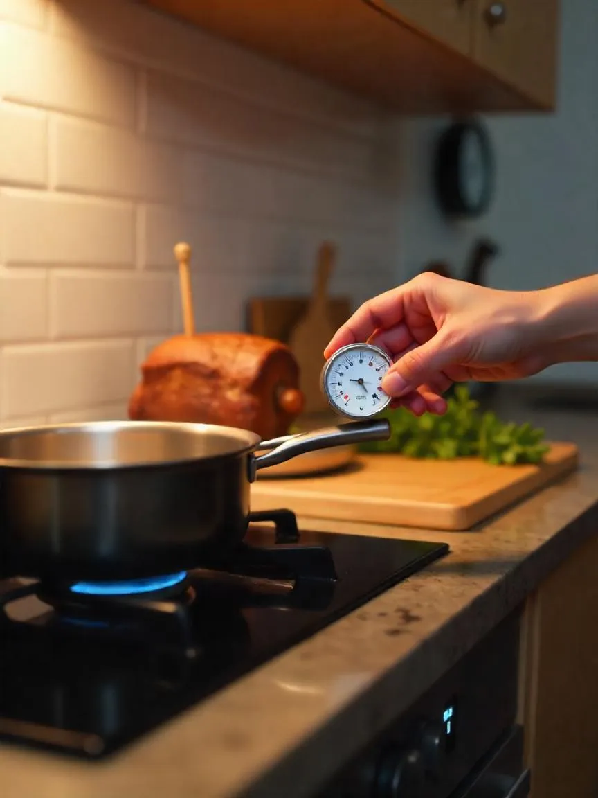 Home cook checking a timer and meat thermometer while food simmers on the stove and bakes in the oven, illustrating the role of timing in cooking.