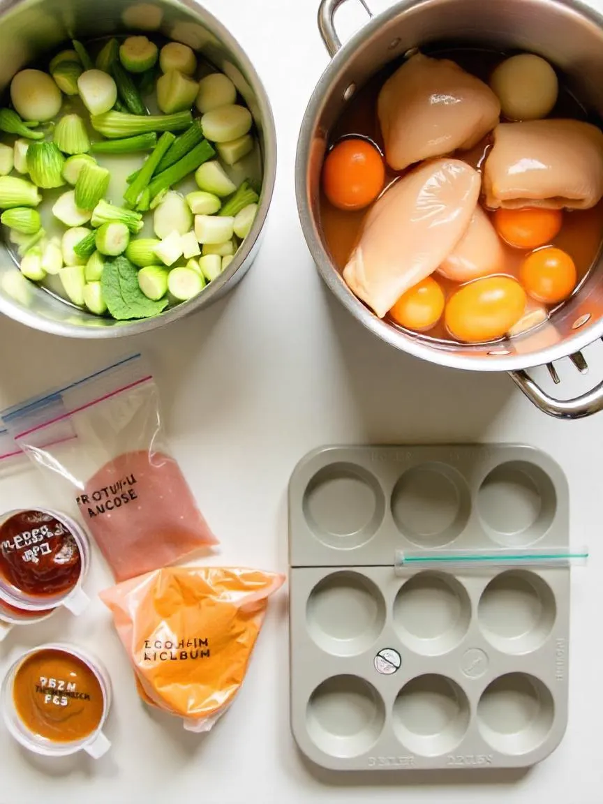 Vegetables being blanched, meat vacuum-sealed, and sauces portioned into trays for freezer storage on a kitchen counter.