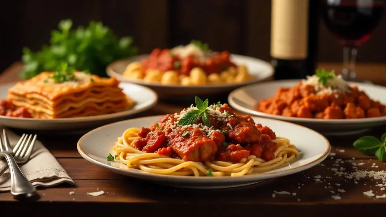 Five traditional Italian dishes displayed on a rustic table.