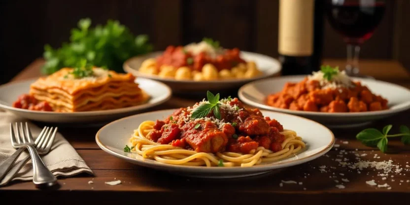 Five traditional Italian dishes displayed on a rustic table.