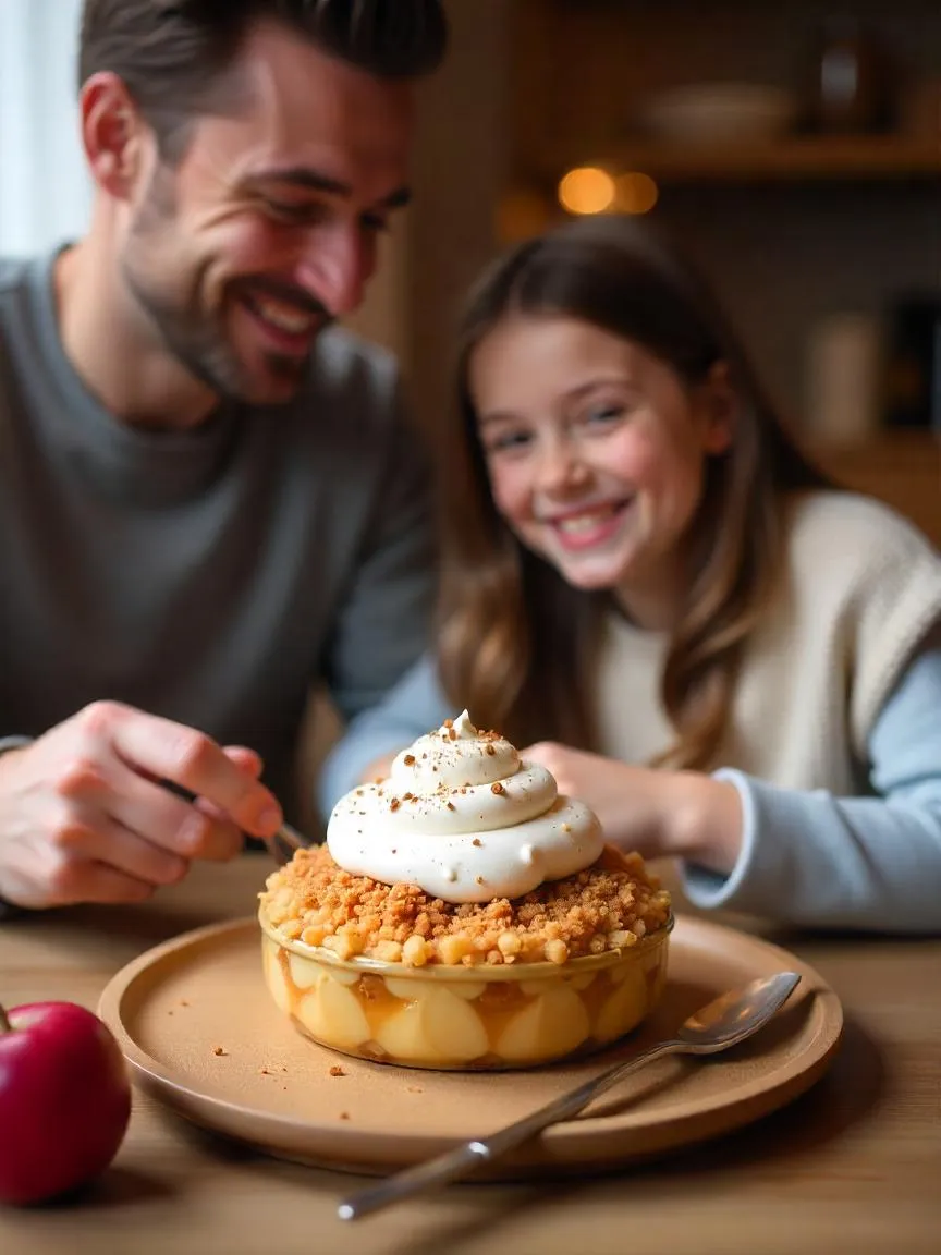 Close-up of æblekage, a Danish apple dessert featuring cinnamon-spiced apples, crunchy crumbs, and fluffy cream topping.