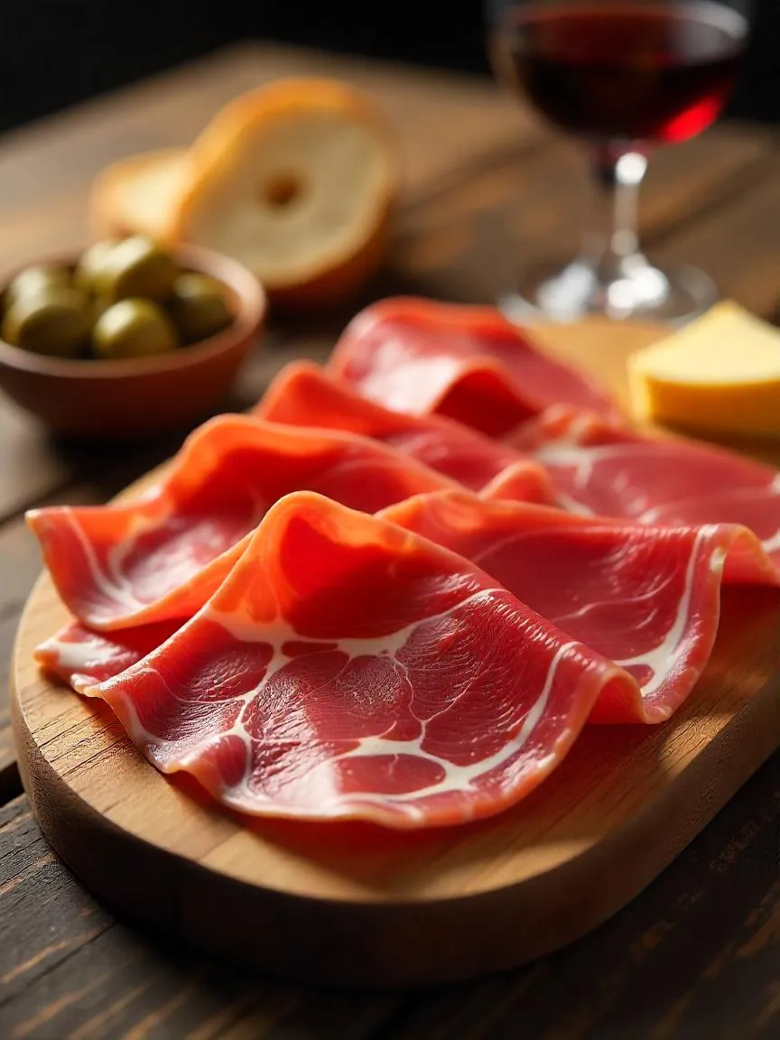 Thin slices of Jamón Ibérico served on a wooden board with Manchego cheese, olives, bread, and red wine on a rustic wooden table.


