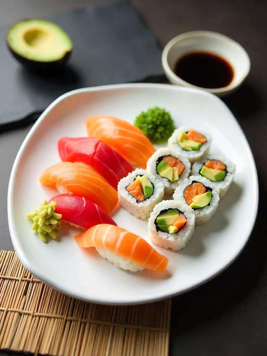 A colorful assortment of traditional Japanese sushi including nigiri and maki rolls on a white plate.
