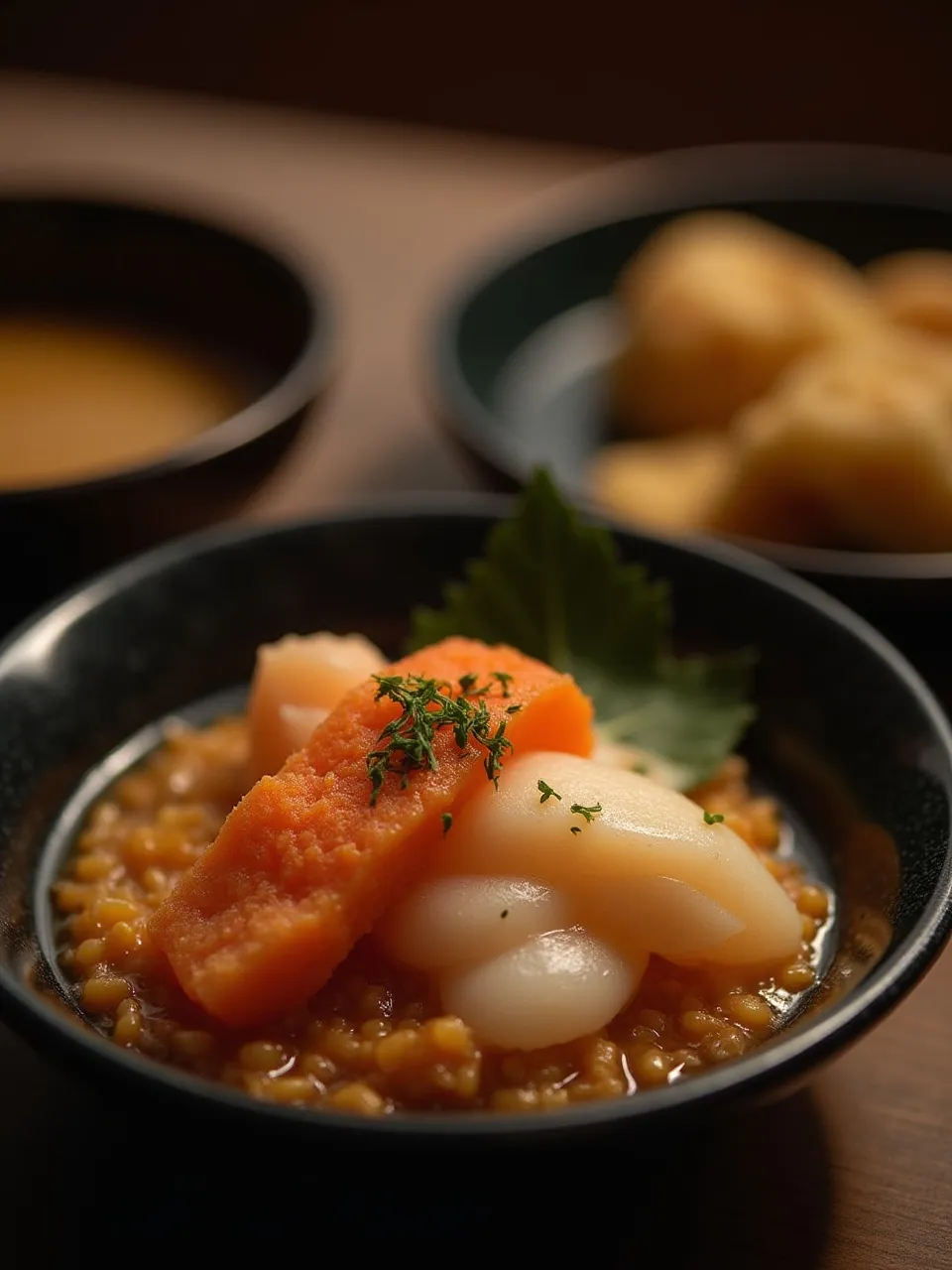 A small bowl of chawanmushi, Japanese savory steamed egg custard, topped with a shrimp and fresh herb, served warm in traditional tableware.