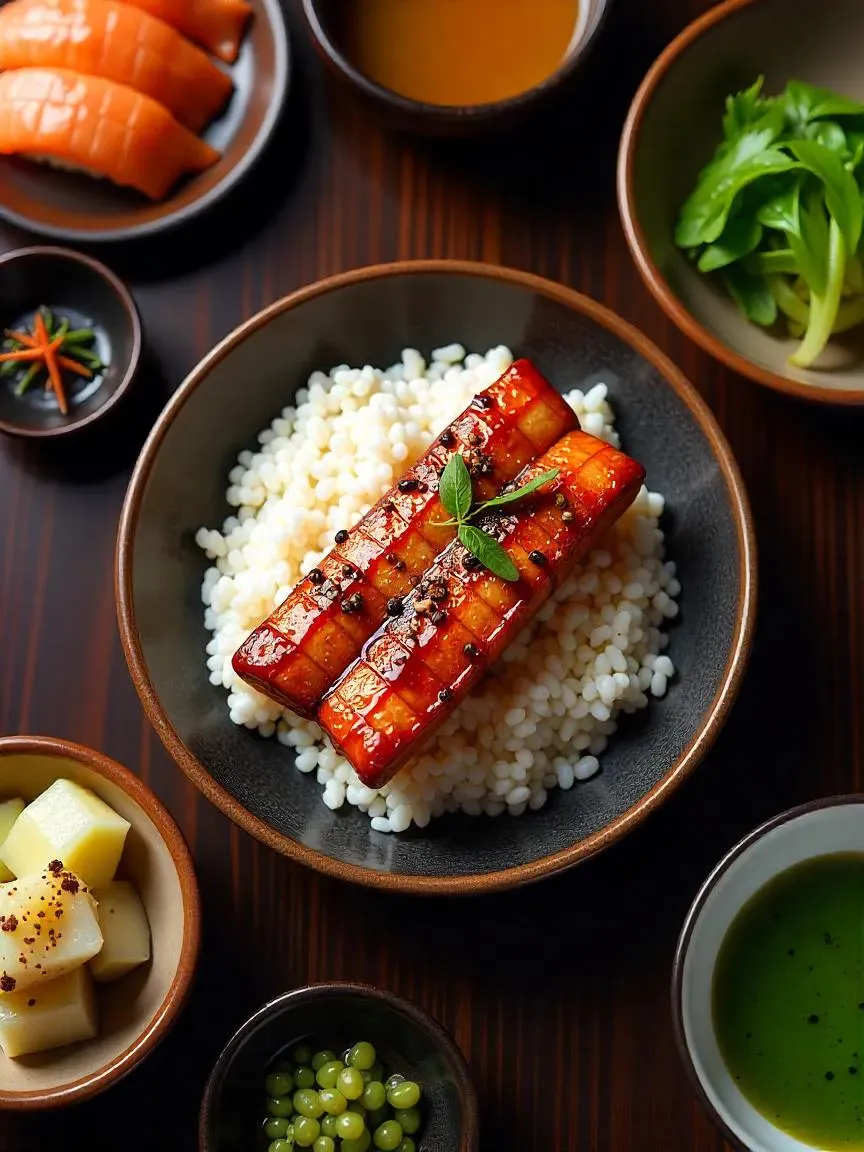Close-up of Japanese unagi no kabayaki with a glossy caramelized surface, garnished and served with chopsticks on a wooden table.