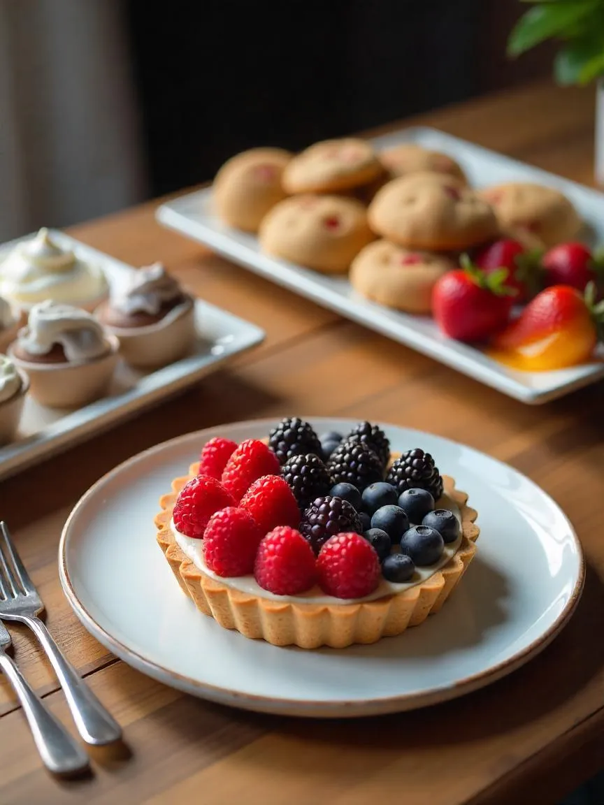 Table with berry fruit tart, chocolate-dipped strawberries, and cookies, styled warmly for a cozy and shareable dessert moment.
