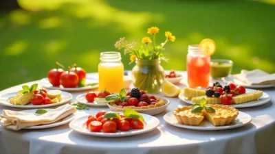 Outdoor summer table with fresh June meals including grilled vegetables, salads, berry desserts, and herbal drinks, set in warm sunlight under a tree