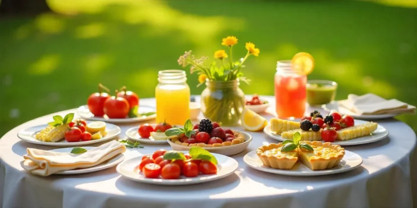 Outdoor summer table with fresh June meals including grilled vegetables, salads, berry desserts, and herbal drinks, set in warm sunlight under a tree