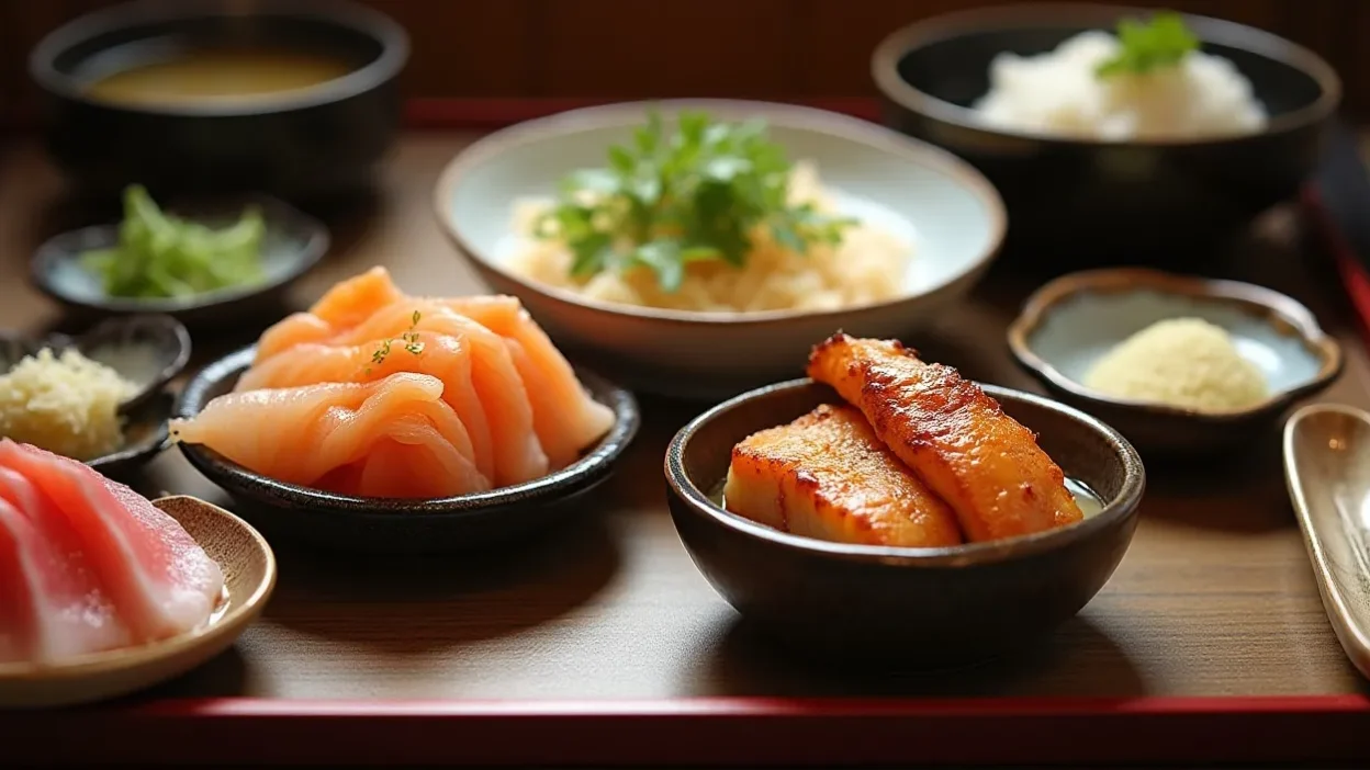 Kaiseki ryori presentation with seasonal Japanese dishes elegantly arranged.