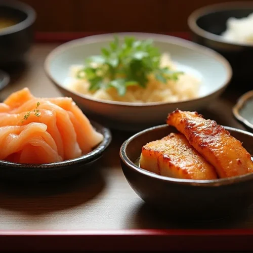 Kaiseki ryori presentation with seasonal Japanese dishes elegantly arranged.