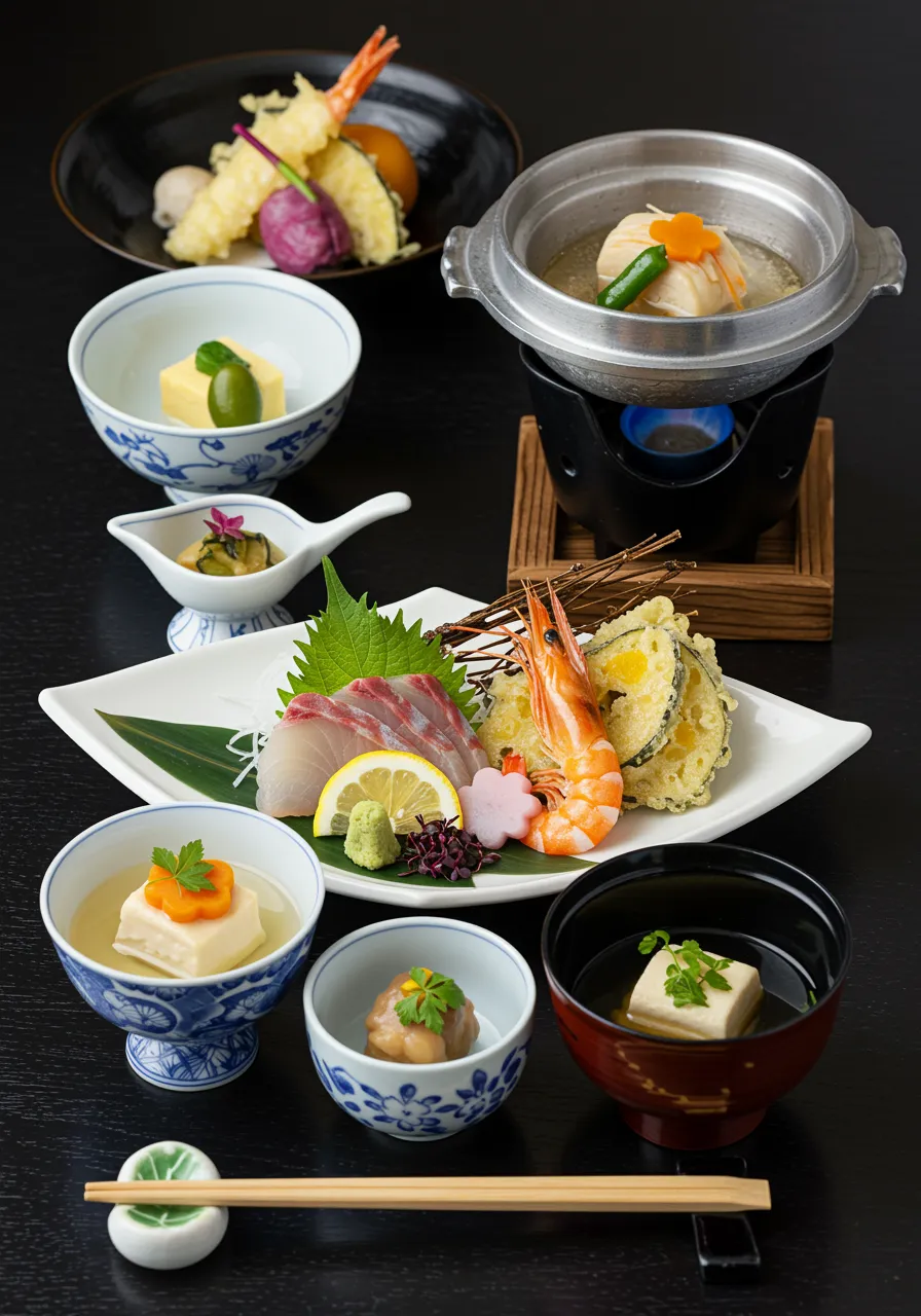 Elegant assortment of kaiseki dishes including sashimi, tempura, and simmered vegetables, arranged on a wooden tray in minimalist Japanese style.