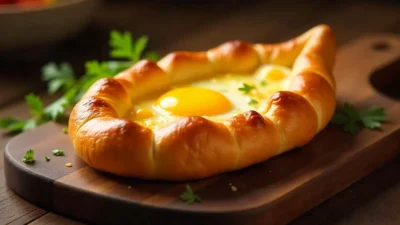 Freshly baked Adjaruli khachapuri with melted cheese, runny egg yolk, and butter on a rustic wooden board.