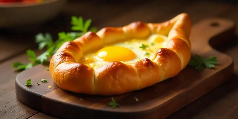 Freshly baked Adjaruli khachapuri with melted cheese, runny egg yolk, and butter on a rustic wooden board.