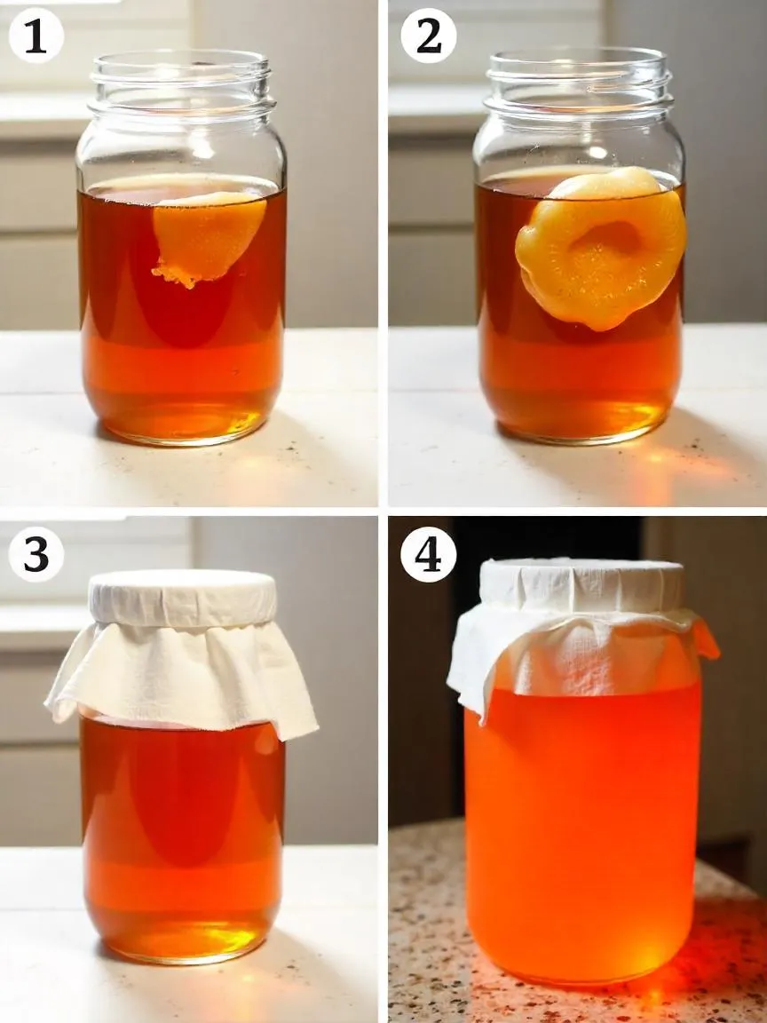 Step-by-step kombucha brewing process with jar, SCOBY, and cloth cover on kitchen counter.