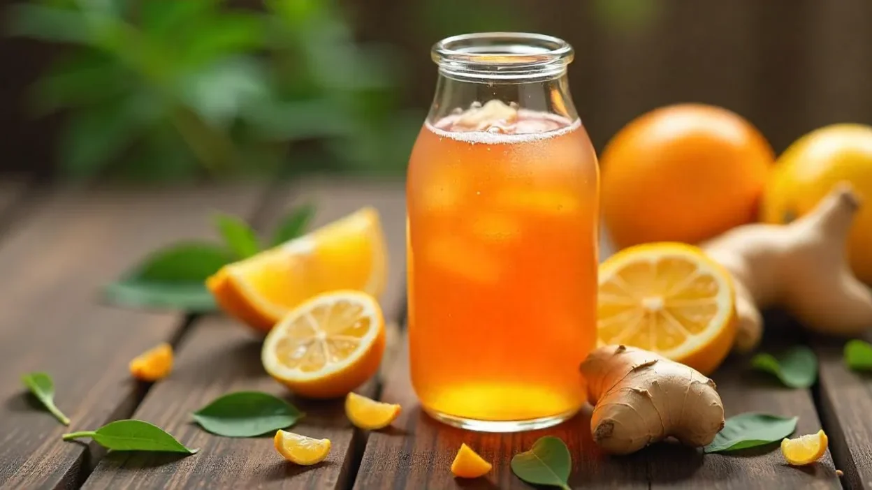 A colorful bottle of kombucha with fresh ingredients like tea leaves, ginger, citrus slices, and a SCOBY on a wooden table.
