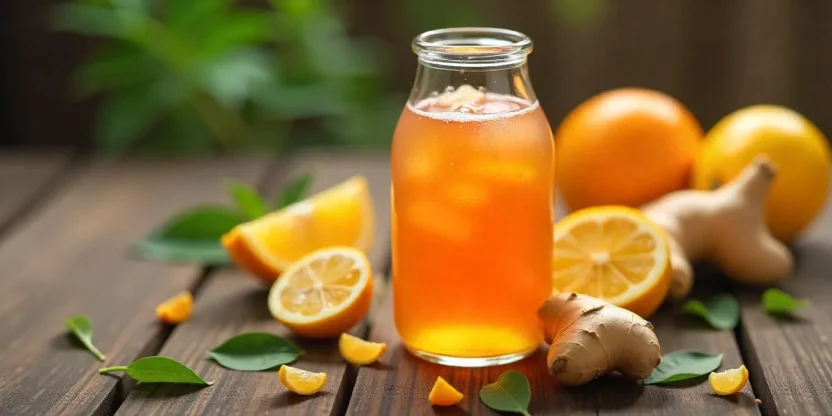 A colorful bottle of kombucha with fresh ingredients like tea leaves, ginger, citrus slices, and a SCOBY on a wooden table.