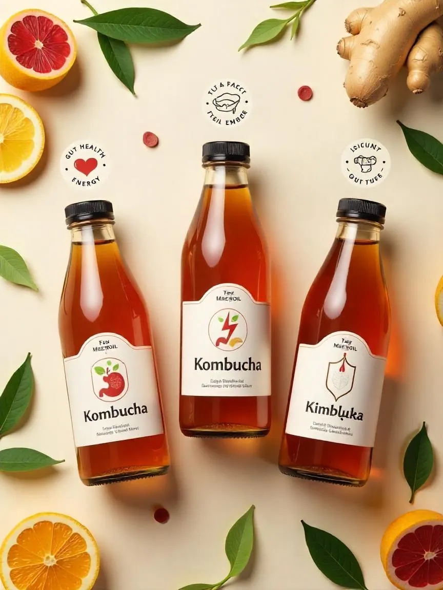 Colorful kombucha bottles surrounded by natural ingredients and symbols representing gut health and antioxidants.