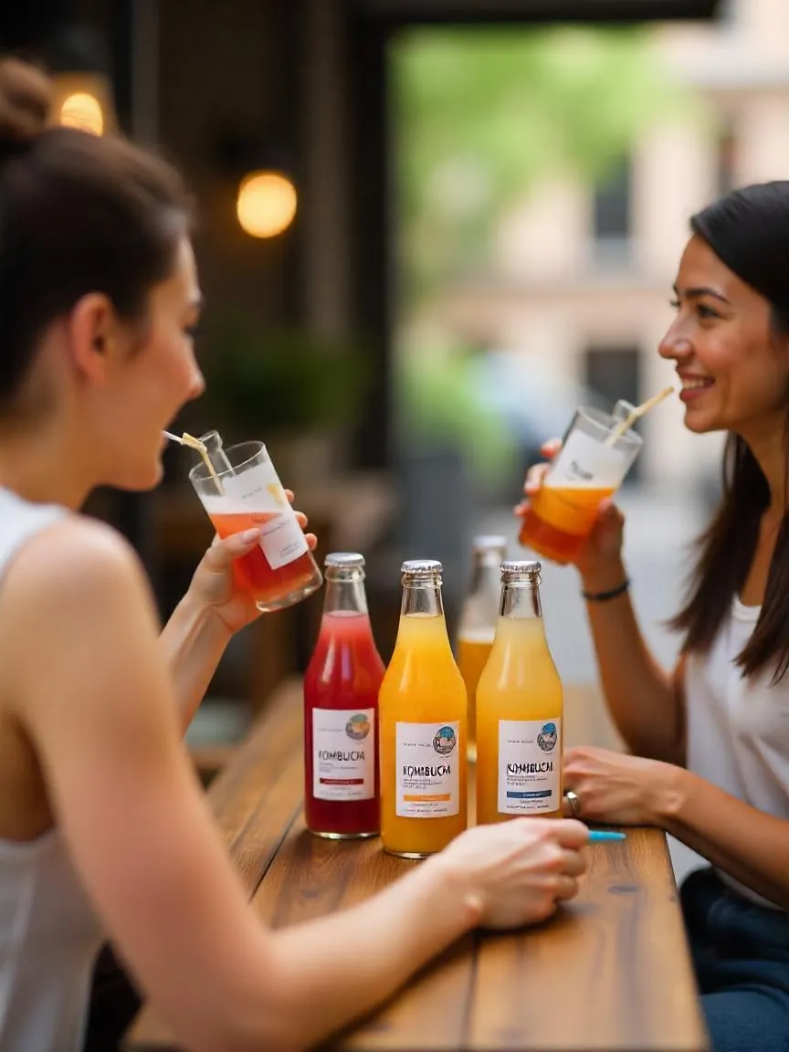 People enjoying kombucha in a casual, trendy setting with various colorful bottles and health-focused atmosphere.