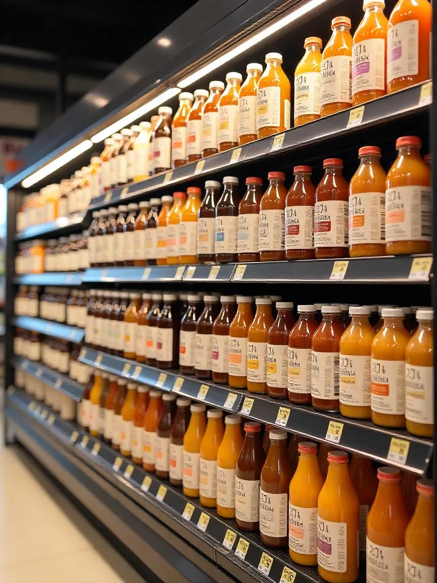 Colorful kombucha bottles lined up on a grocery store shelf, showing their availability and variety.