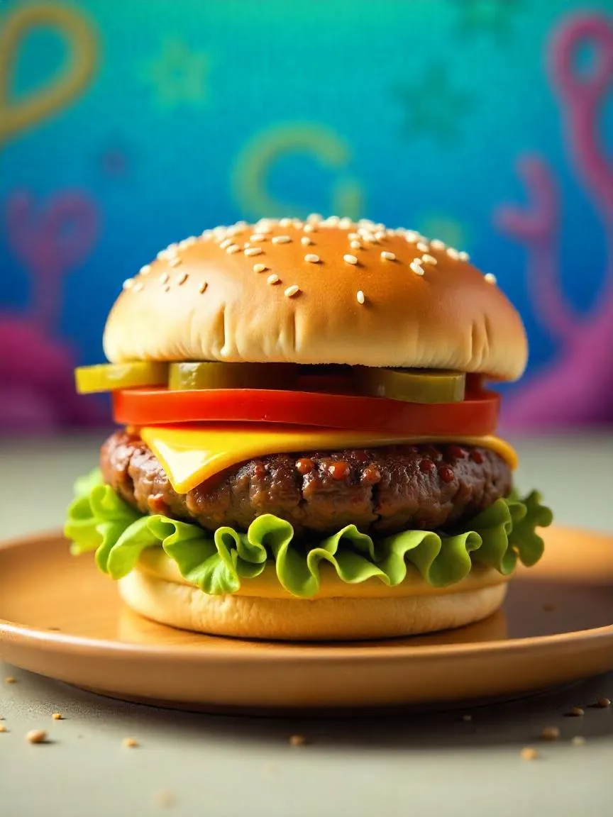Krabby Patty burger with beef, cheese, lettuce, tomato, pickles, and sauce on a wooden plate with a colorful cartoon-style background.

