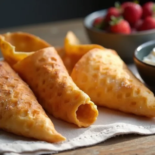 Stack of golden krumkake cones with traditional patterns, served with whipped cream and cloudberries.