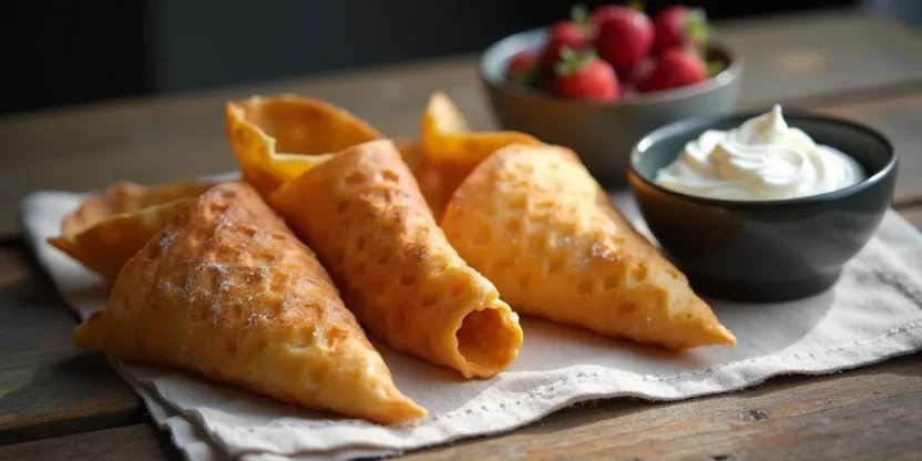 Stack of golden krumkake cones with traditional patterns, served with whipped cream and cloudberries.