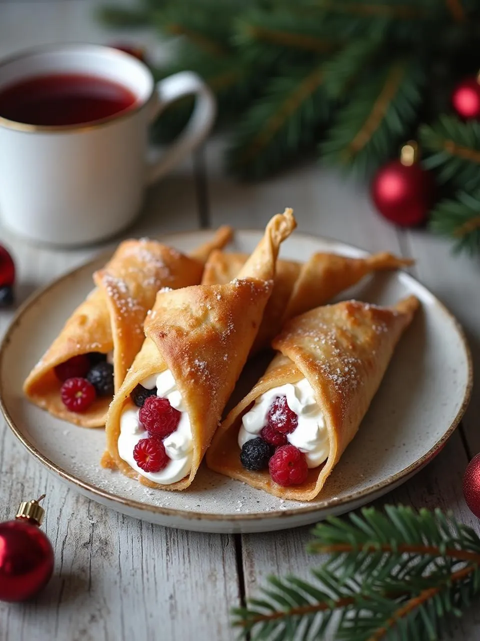 Christmas-themed plate with krumkake cones and a mug of gløgg, surrounded by pine décor