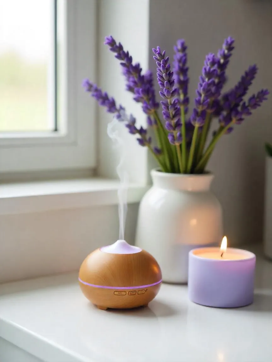 Essential oil diffuser and dried lavender on a calm kitchen counter with soft lighting and a lavender candle, creating a soothing aromatic atmosphere
