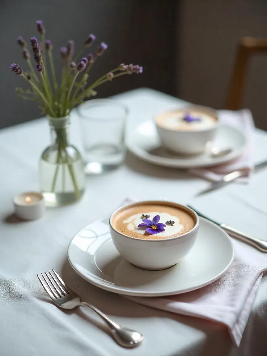 Table setting with edible flower garnishes, fresh lavender in a vase, linen napkins, and soft candlelight in a calm and elegant dining space