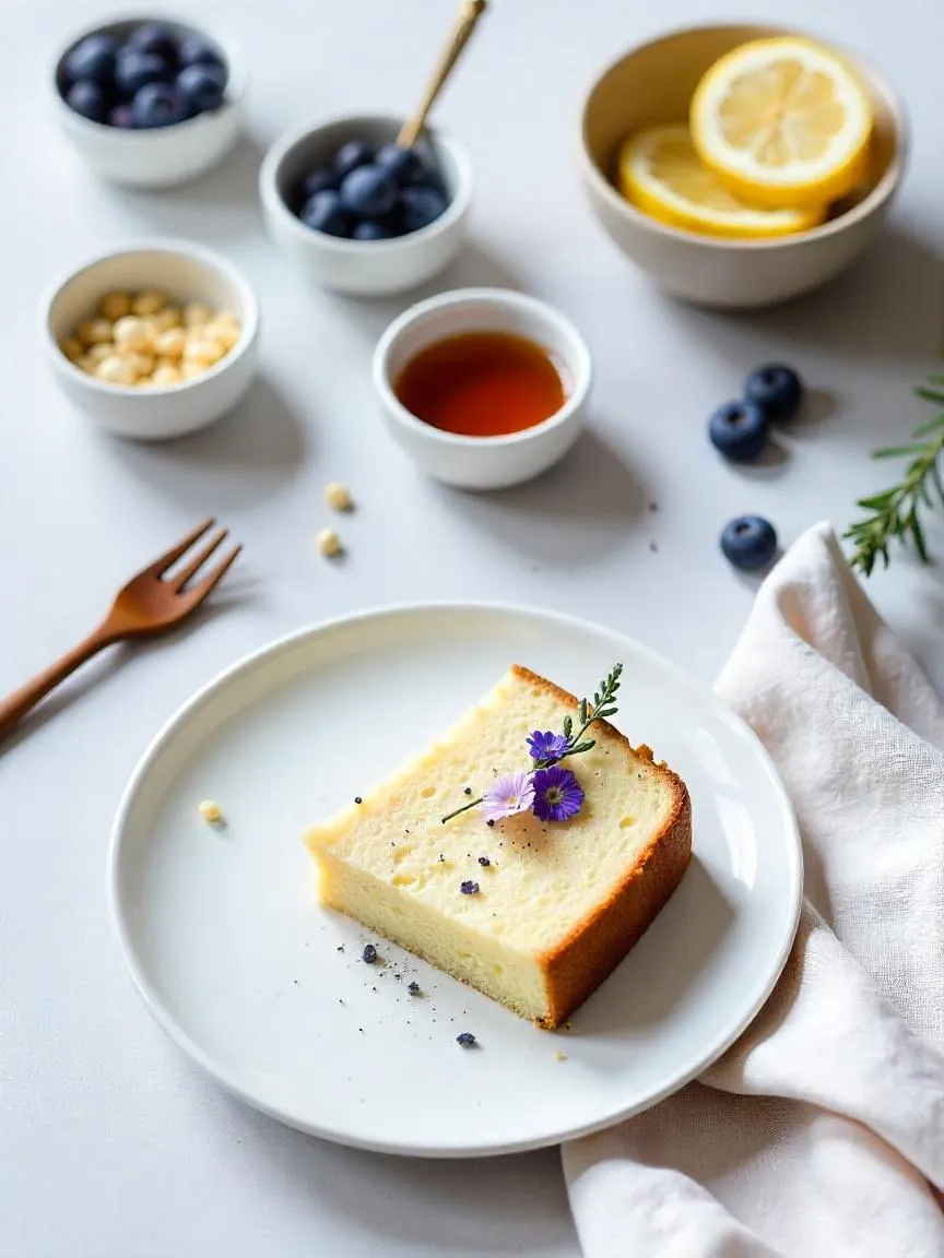 Lavender buds, honey, lemon, berries, and lavender cake arranged with edible flowers and soft linens to highlight floral flavor pairing and elegant presentation