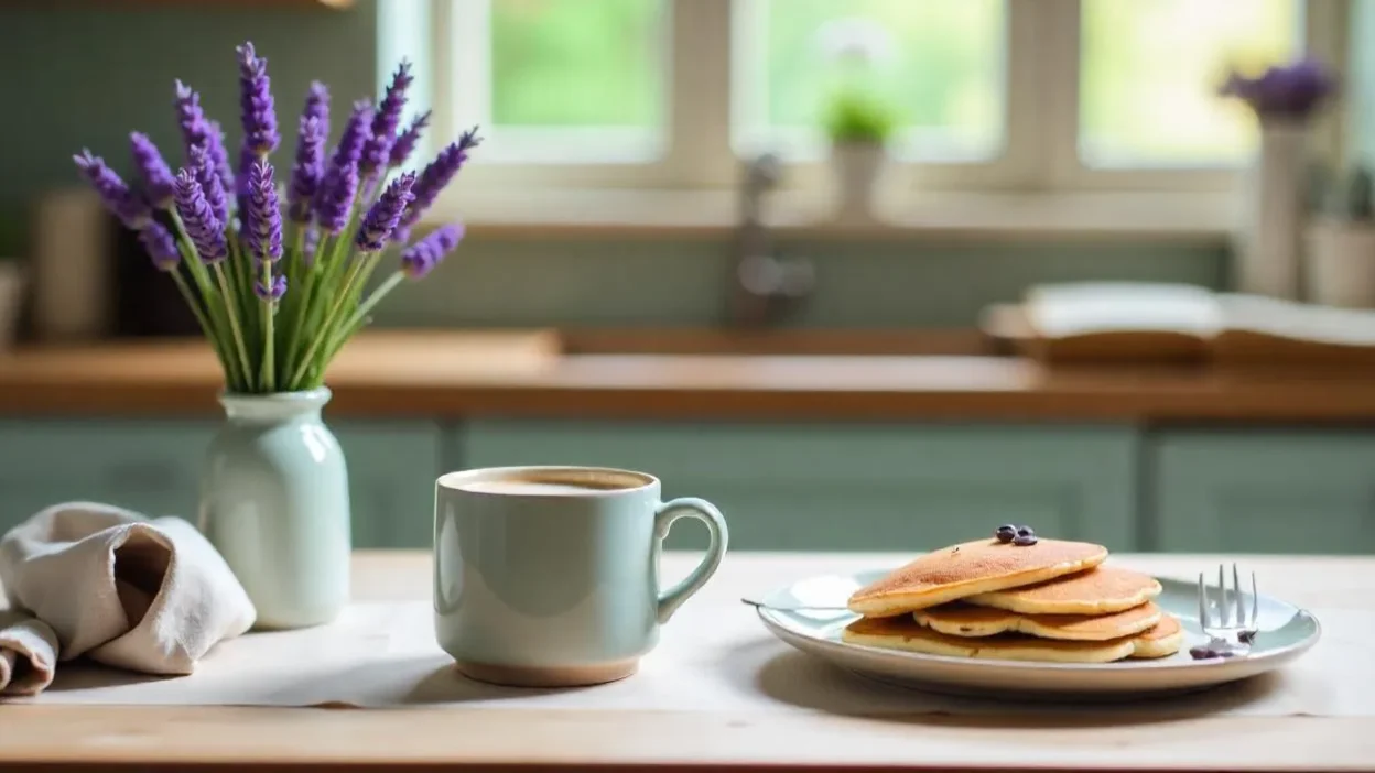 Lavender latte, ube pancakes, and fresh lavender on a calm kitchen counter with soft colors and natural light