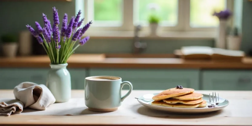 Lavender latte, ube pancakes, and fresh lavender on a calm kitchen counter with soft colors and natural light