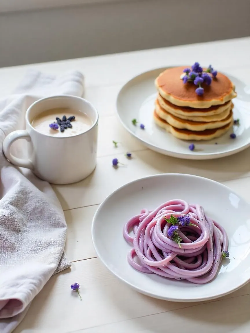Lavender latte, ube pancakes, and lilac pasta arranged on a wooden table with soft lighting and pastel tones in a calm, inviting kitchen setting