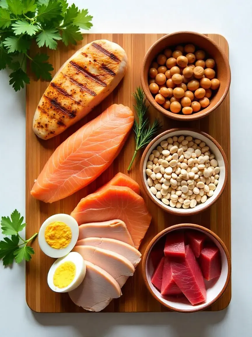 Lean protein sources for healing: chicken, turkey, salmon, eggs, lean beef, beans, and lentils on a wooden board.

