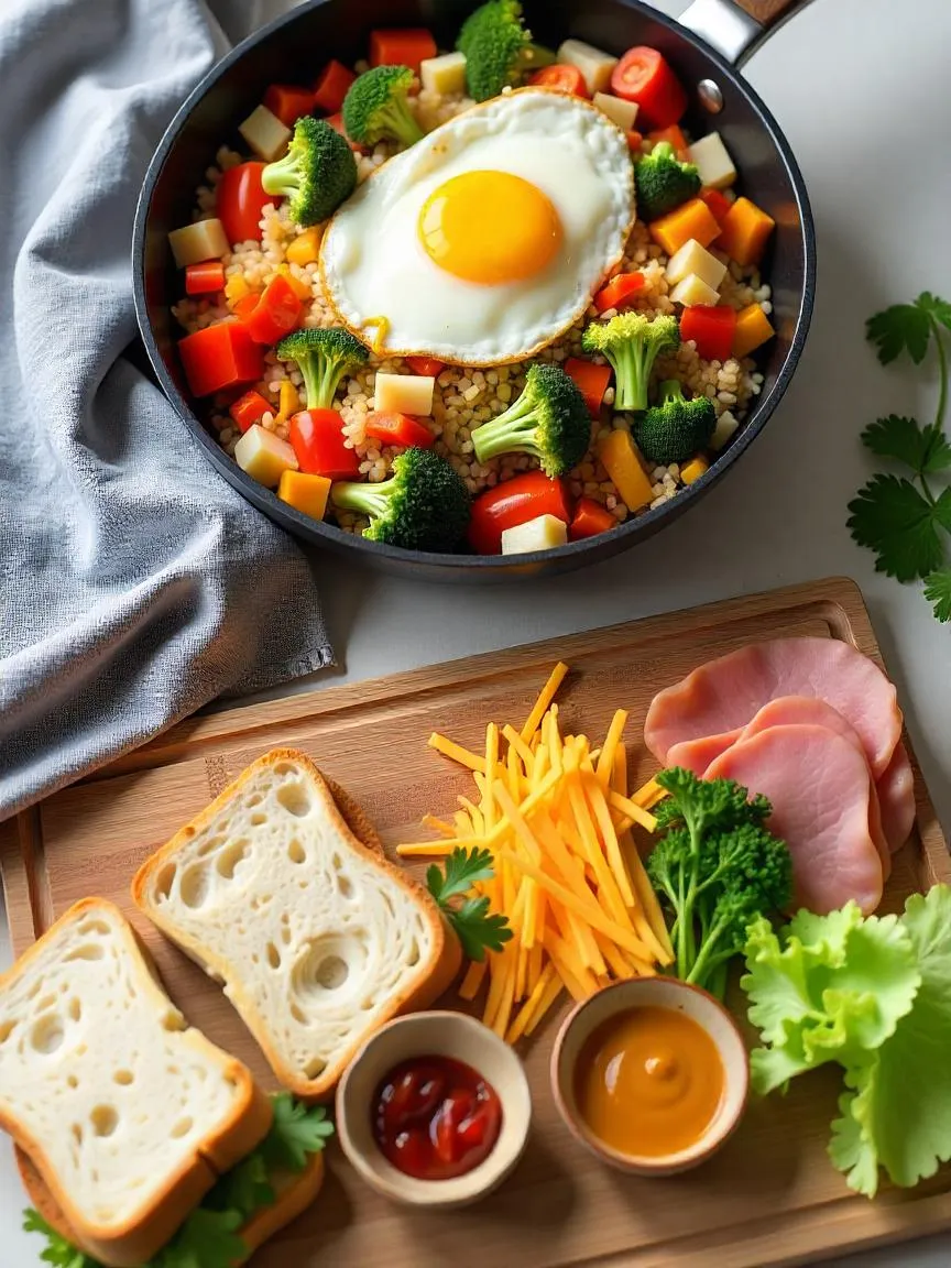 Creative leftover meals including stir-fry and wraps, served on plates with colorful vegetables and sauces, showcasing easy and tasty reuse of ingredients.